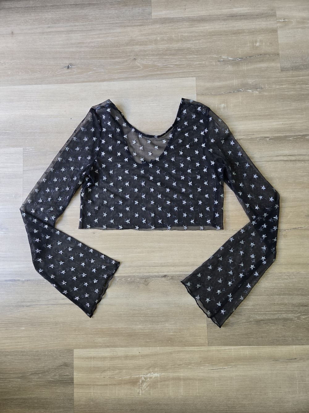 Urban Outfitters Black Star Mesh Long-Sleeve Crop Top